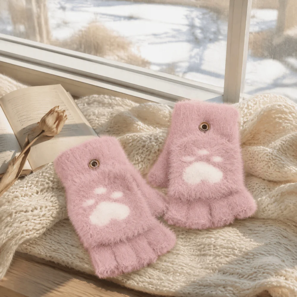 Fashion Soft Cat Paw Gloves Thicken Flip Up and Down Half Finger Gloves Touch Screen Cozy Warm Plush Mittens Outdoor