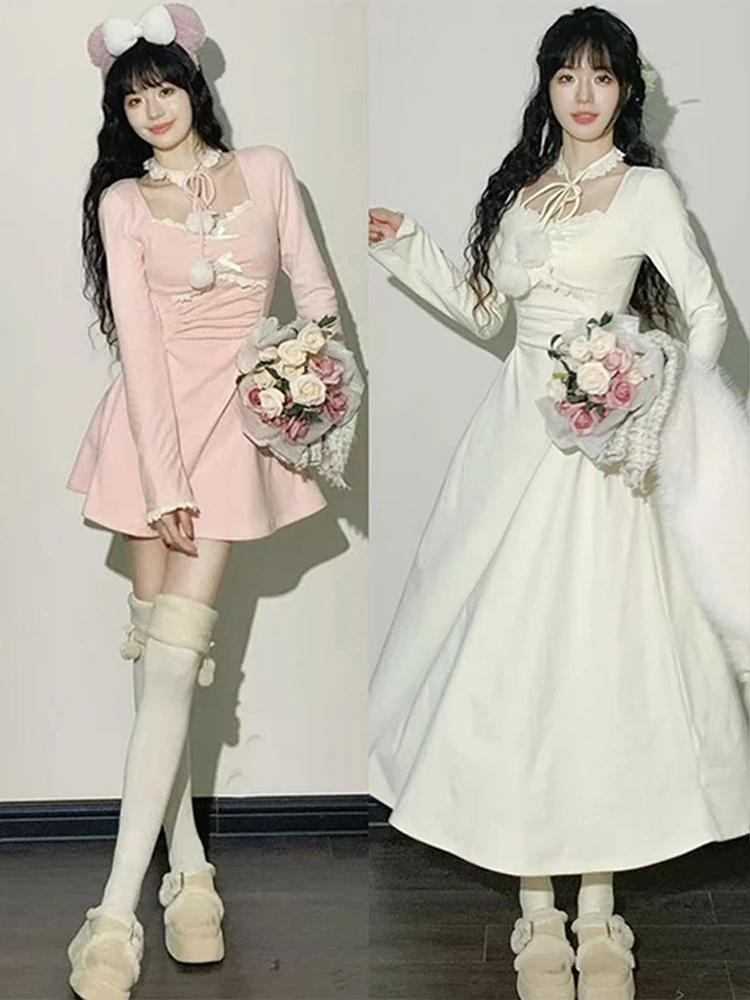 Afslankende en rok Taille Cinching Long Sve Dames Dr Lente Herfst High Faion Roze A-lijn Dr Sweet Sle