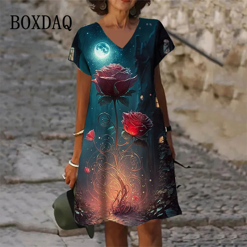 2023 Women's New Summer Dress Pullover Fashion Scenery Rose Floral Print A-Line Dress Sexy V-Neck Short Sleeve Oversized Dresses