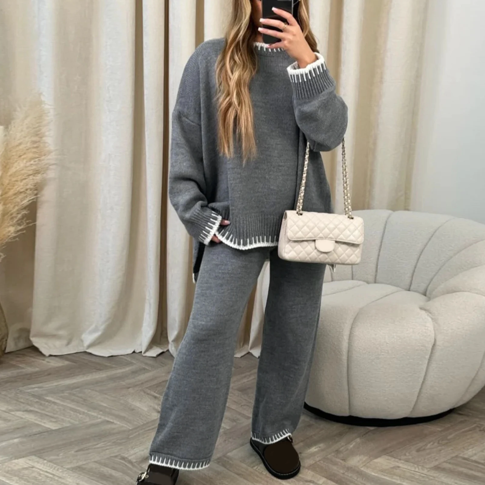 Women\'s 2-piece sweater set, long sleeved knitted pullover top, wide leg pants, casual set, sportswear