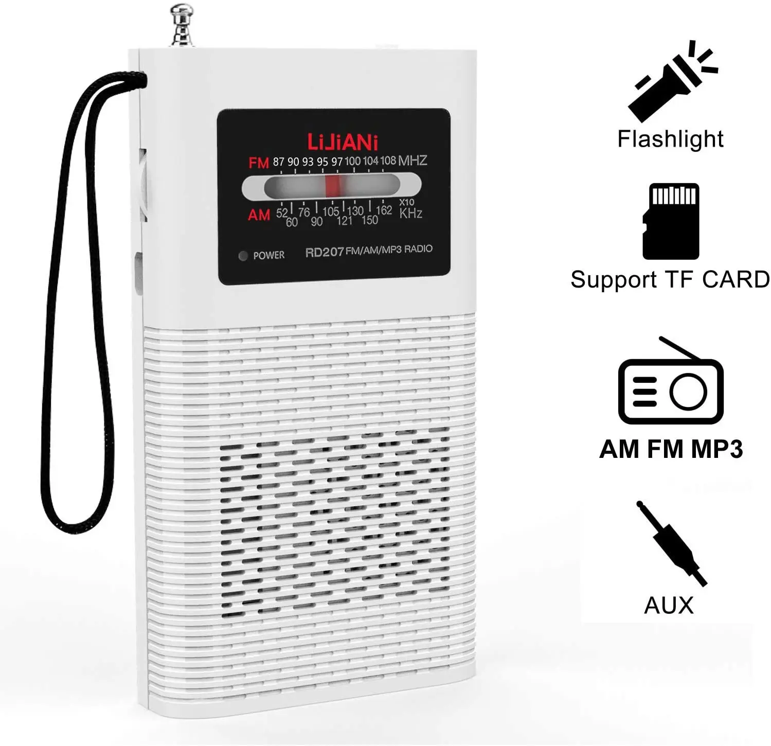 RD207 Portable Radio AM/FM/MP3 Player with Flashlight 1500mah Battery Operated, Long Antenna ,Longest Lasting Transistor