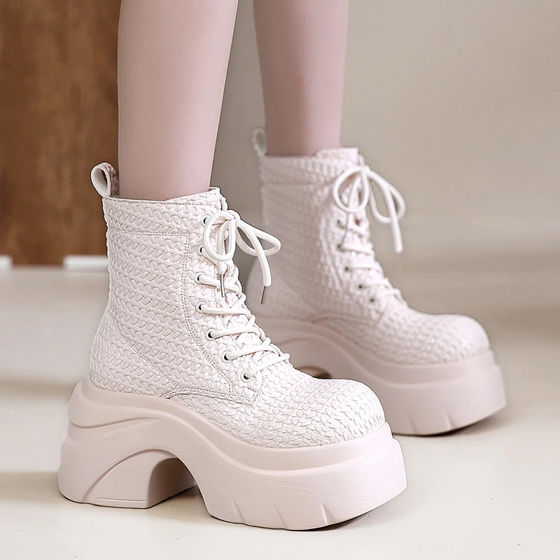 

9CM Platform Boots for Women Weave Leather Punk Women High-top Boots Fashionable Designer Comfort Casual Short Boots Botas Mujer