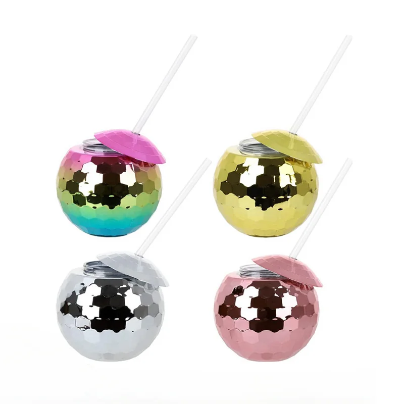 600ml Creative Disco Ball Cups with Lid and Straw Tumbler Cocktail Cup Glitter Flash Ball Cup for Party Nightclub Bar Drinking