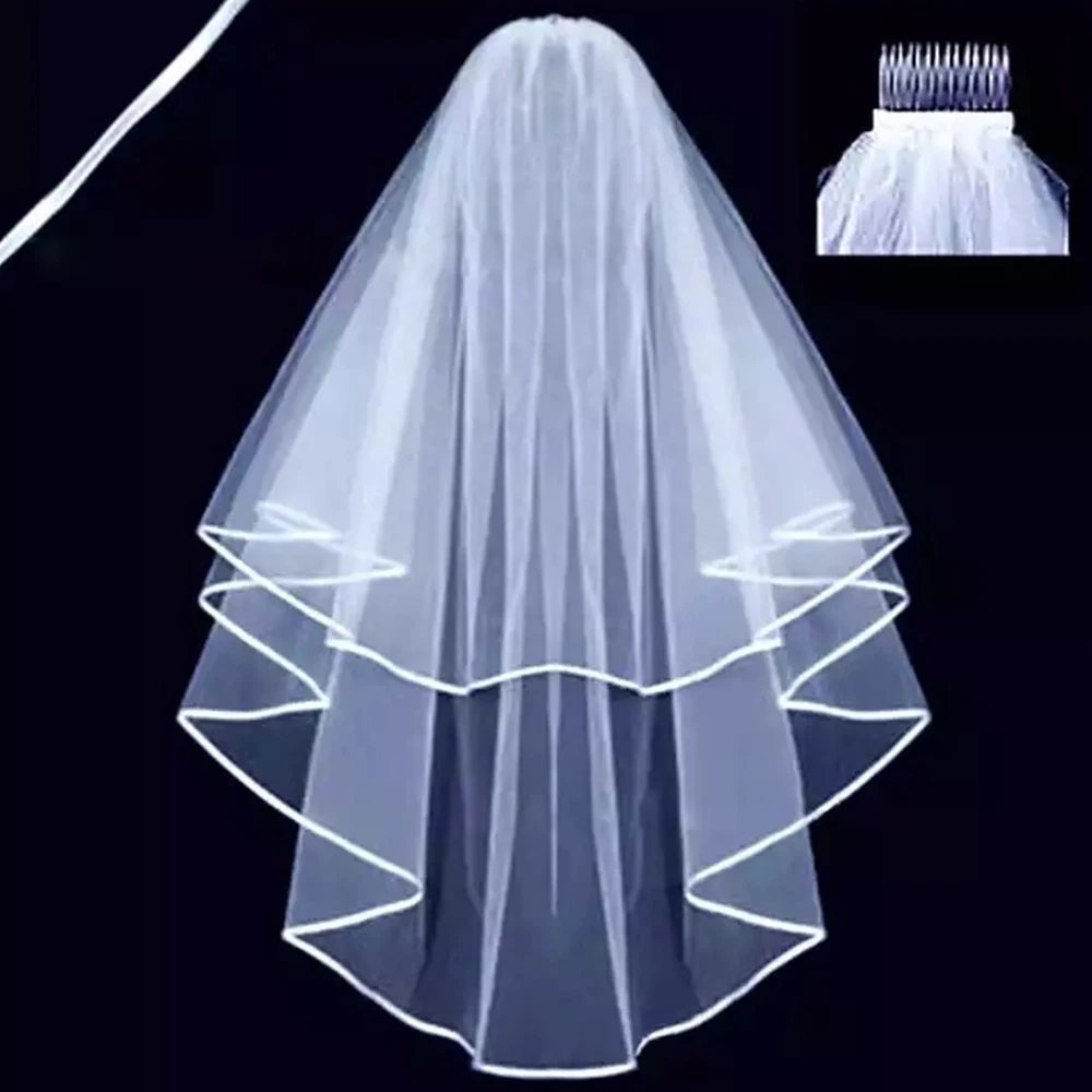 Aviana Simple Two Layers Wedding Veils Ivory White Short Tulle Bridal Veil with Comb Wedding Accessories