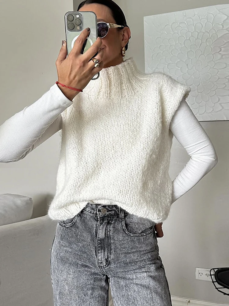 JULISSA MO Knit Turtleneck Pullover Women Sweater White Sleeveless Solid Casual Sweaters Autumn Winter Loose Outdoor Streetwear
