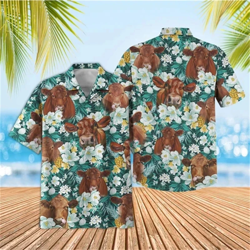 Camisas de playa con estampado 3D de vaca Animal divertido para hombres, blusas de manga corta con solapa de oso, Tops con botones hawaianos, ropa corta