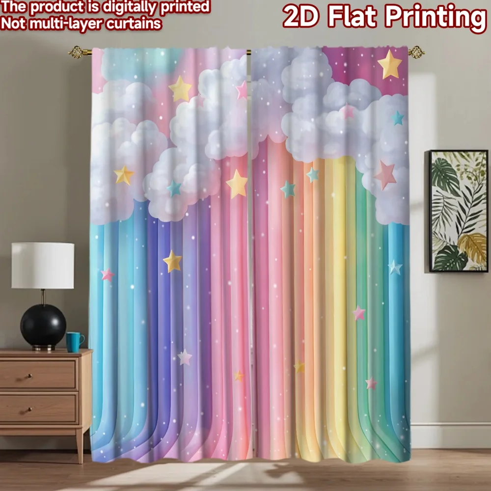 2D-Flachdruck, 2 Stück Vorhänge, Szenenvorhang, Regenbogenwolken und Sterne, digital bedruckte Polyester-Vorhänge, Geburtstagsparty für festliche Anlässe