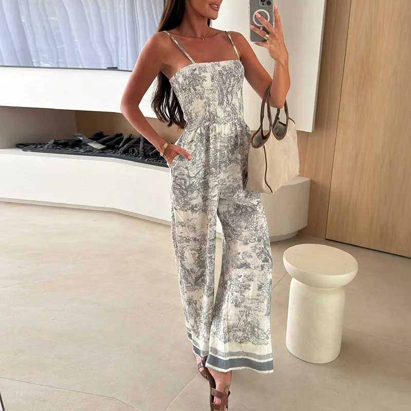 Fashion Print Elastic Waist Playsuit Elegant Off Shoulder Wrap Suspender Jumpsuit Women Sexy Sleeveless Backless Wide Leg Romper