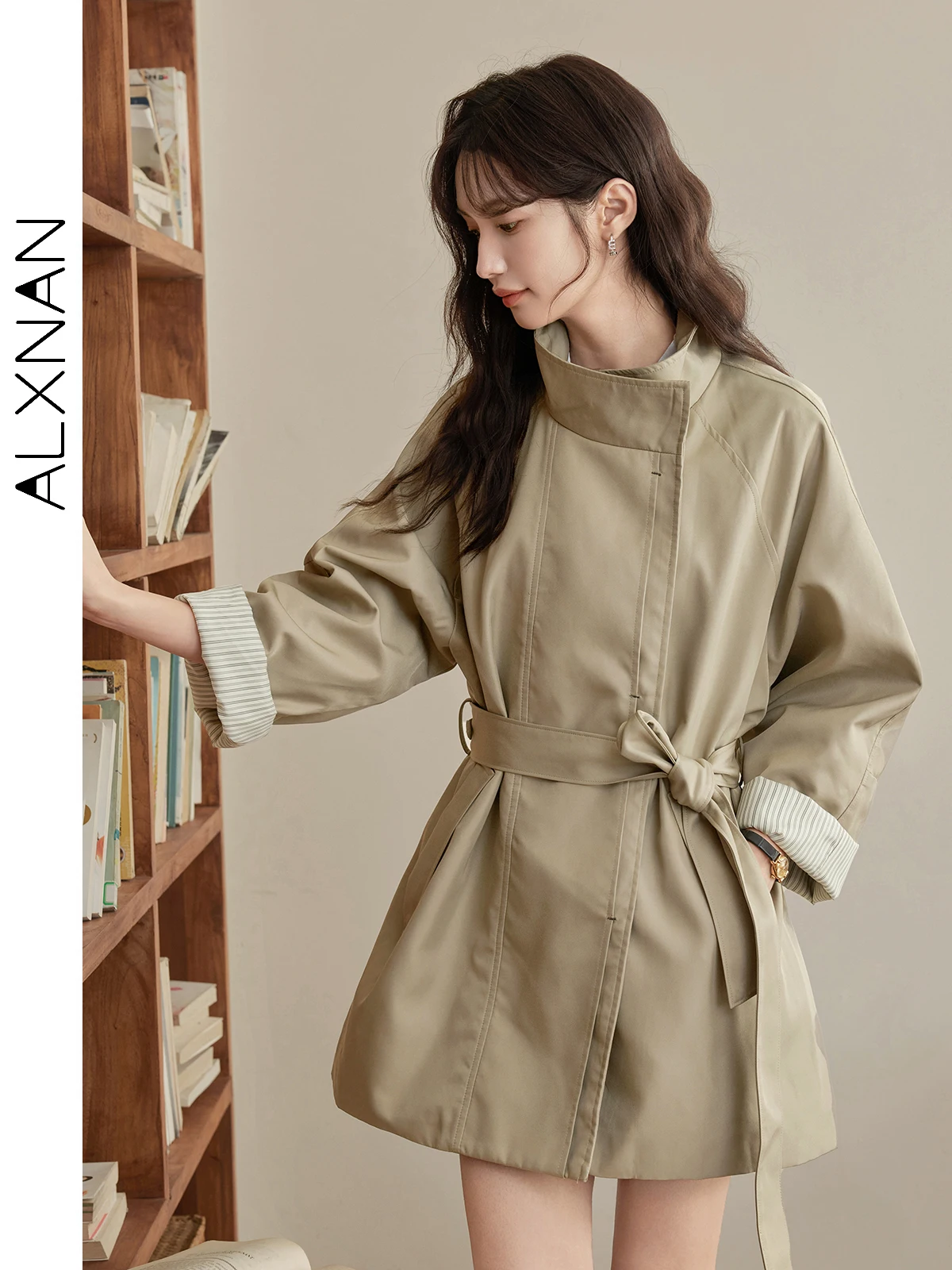 

ALXNAN Khaki Short Trench Coat Women Stand Collar Raglan Sleeve Windbreaker Autumn Winter Casual Long Sleeve Outerwear L50605