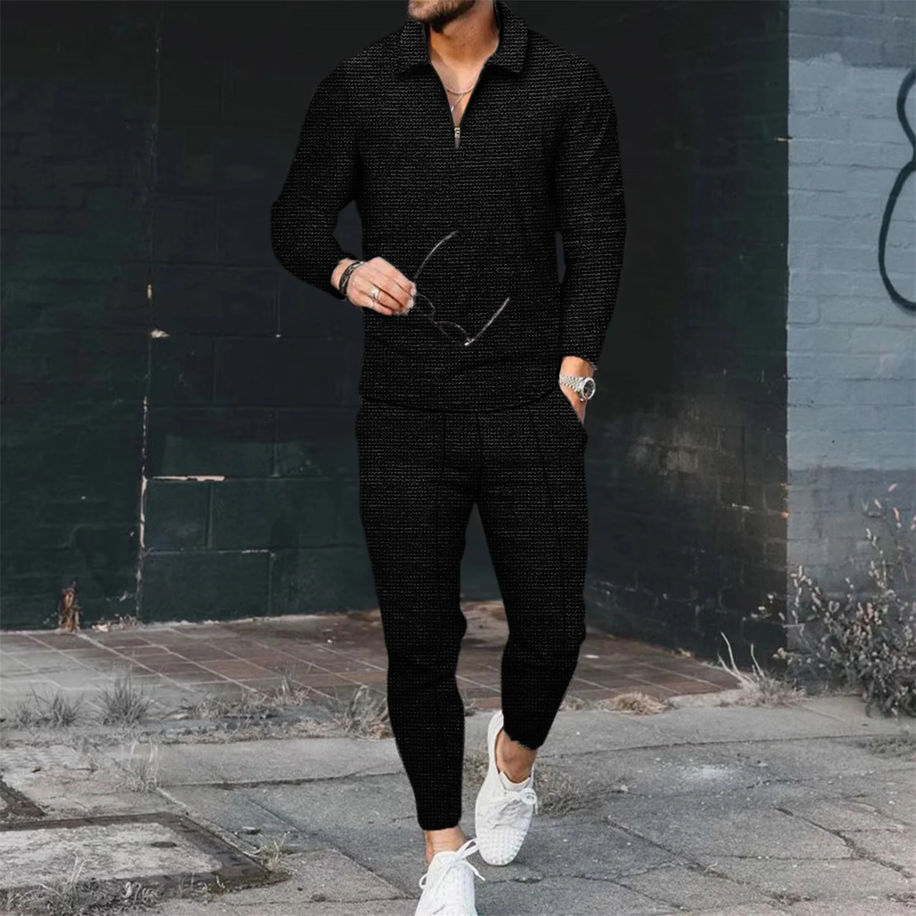 

2025 новая мужская молодежная повседневная однотонная рубашка с лацканами, простая рубашка с длинными рукавами на молнии + спортивный костюм, брюки, костюм из двух предметов
