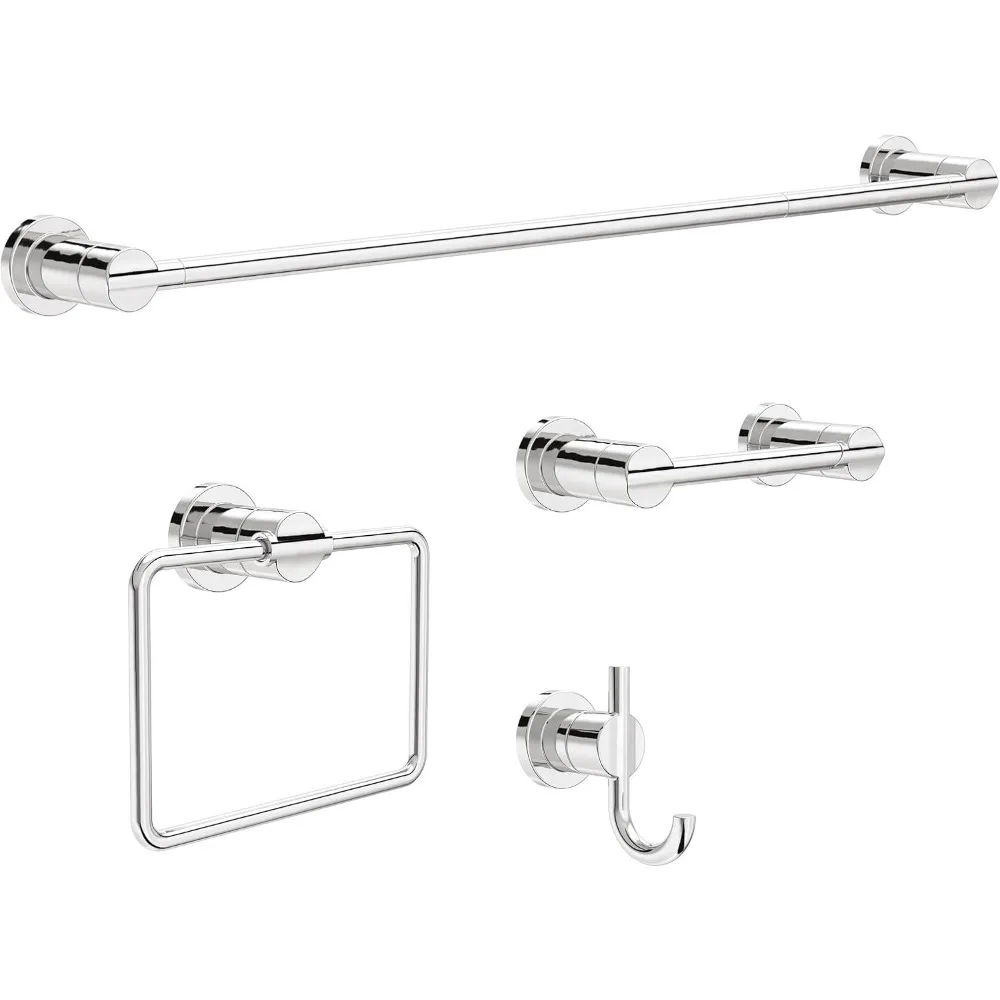 

4-Piece Bath Hardware Set: Towel Bar, Toilet Paper Holder, Ring & Hook in Polished Chrome, 18-24 in.