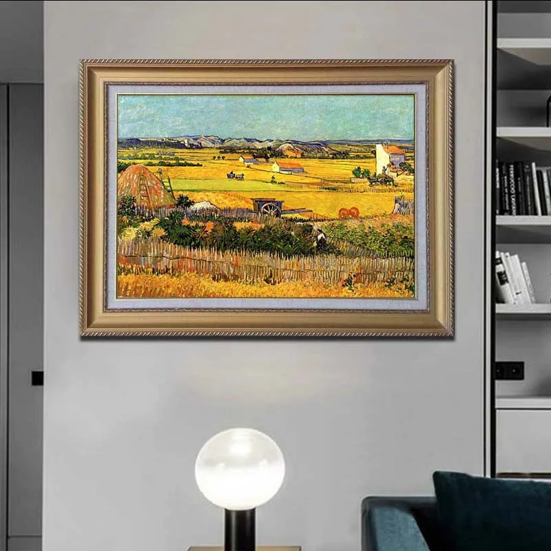 Oeuvre de Van Gogh, récolte à La Crau avec Montmajour en arrière-plan, peinture à l'huile de paysage peinte à la main, décoration de chambre s