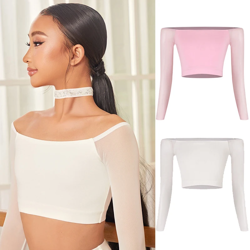 

Топы для латинских танцев ZYM для девочек, розовая и белая блузка с открытыми плечами и длинными рукавами, одежда для занятий танцами ча-ча-румба, тренировочная одежда SS1563