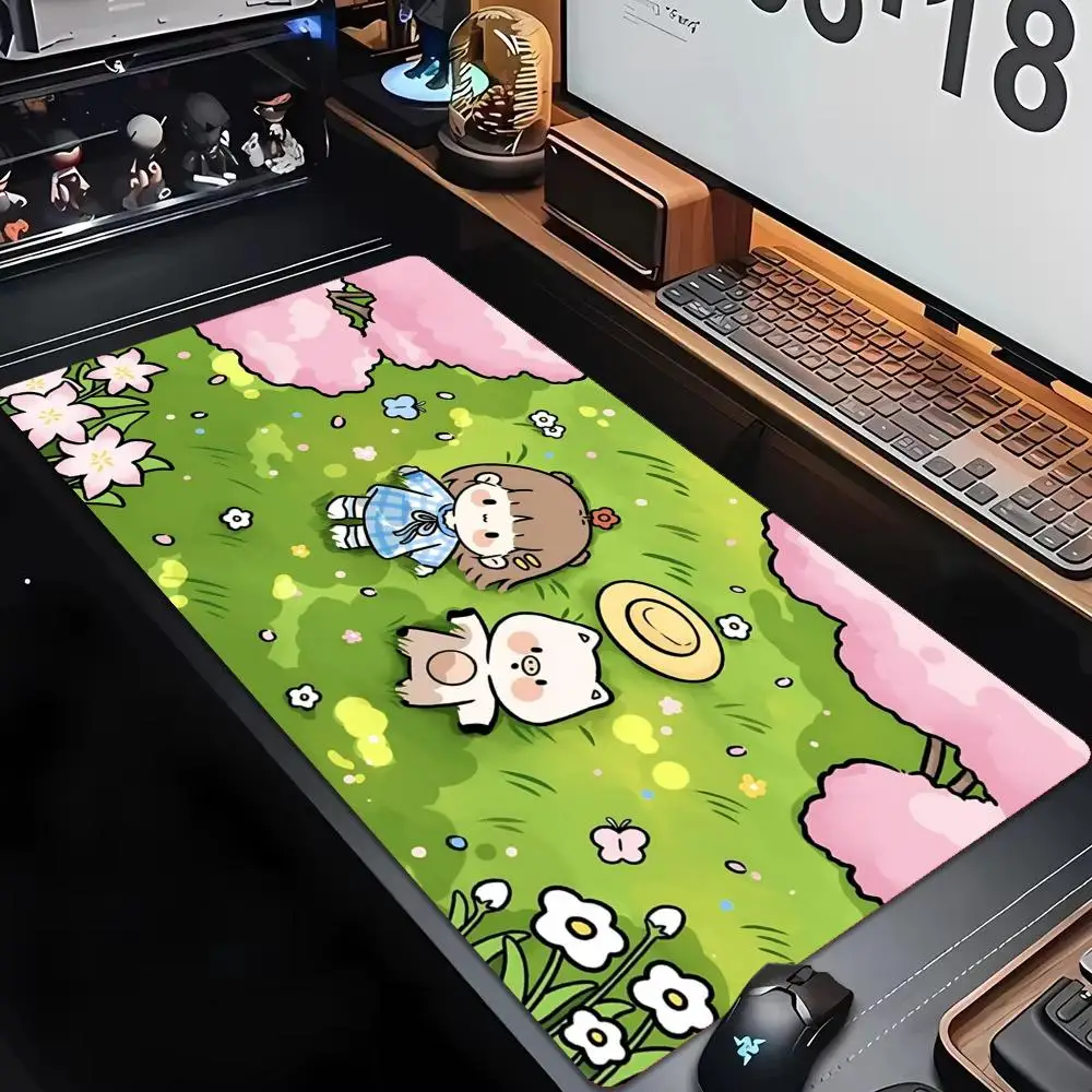 Xxl Kawaii Cartoon Picnic Girl Mouse Pad Non-Slip Mat Large Gamer Keyboard Deskmat Computer Mousepad Cherry Blossom Animal Art