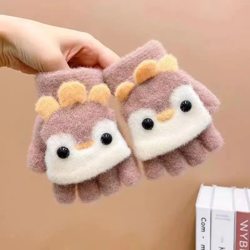 Children Winter Warm Gloves Half Finger Flap Winter Proof Windproof Writing Gloves Cartoon Chicken Girls for Kids
