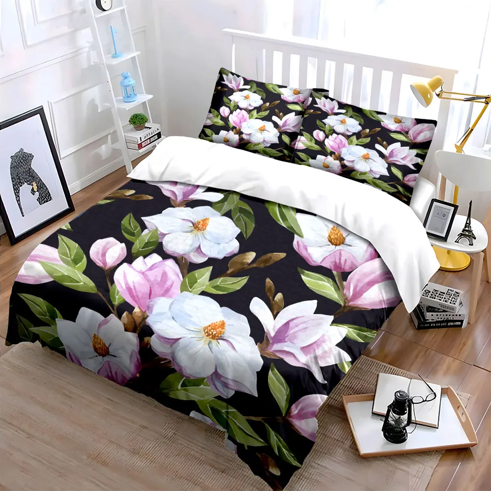 White and pink flowers with green leaves Pattern Duvet Cover Set Digital Print Colorful Polyester Bedding with Zipper Closur