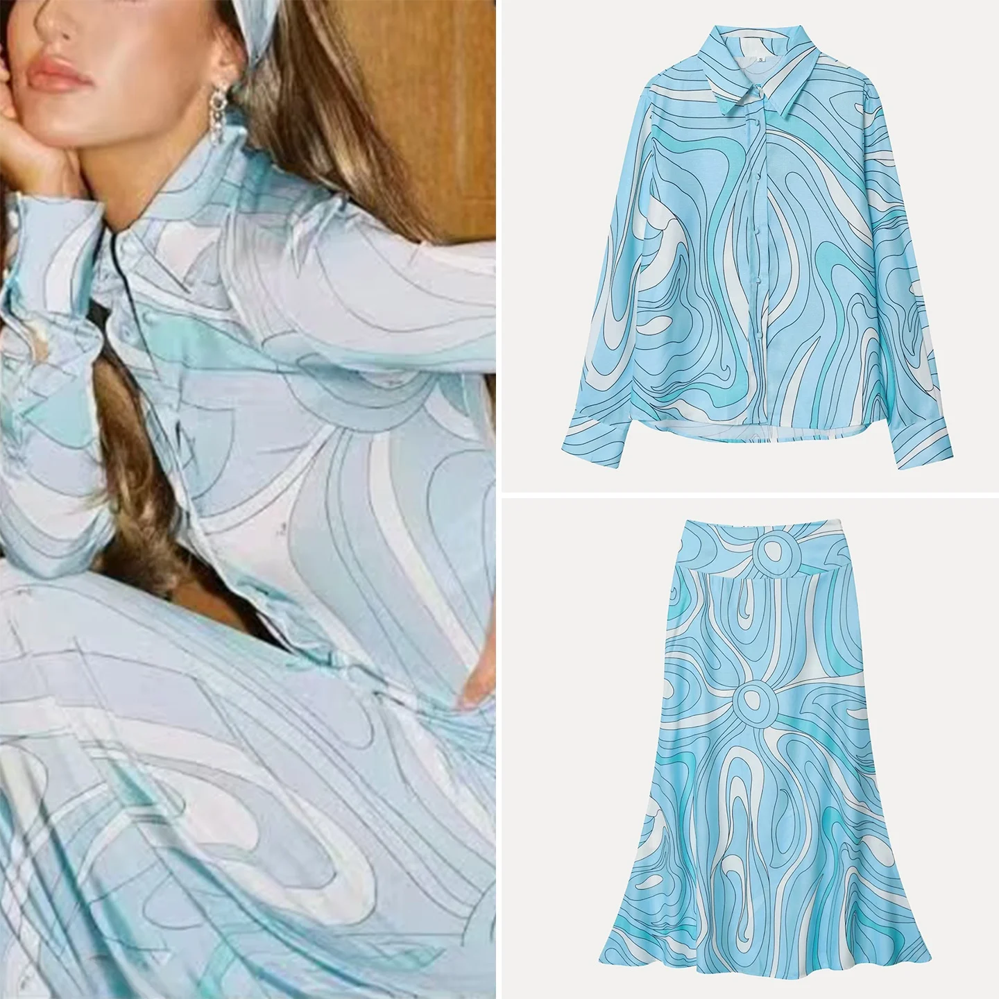 

Women's Long Sve irt And Printed Skirt Autumn 2025 Faion Set Button Detail Print Design European Sle Adult Wear