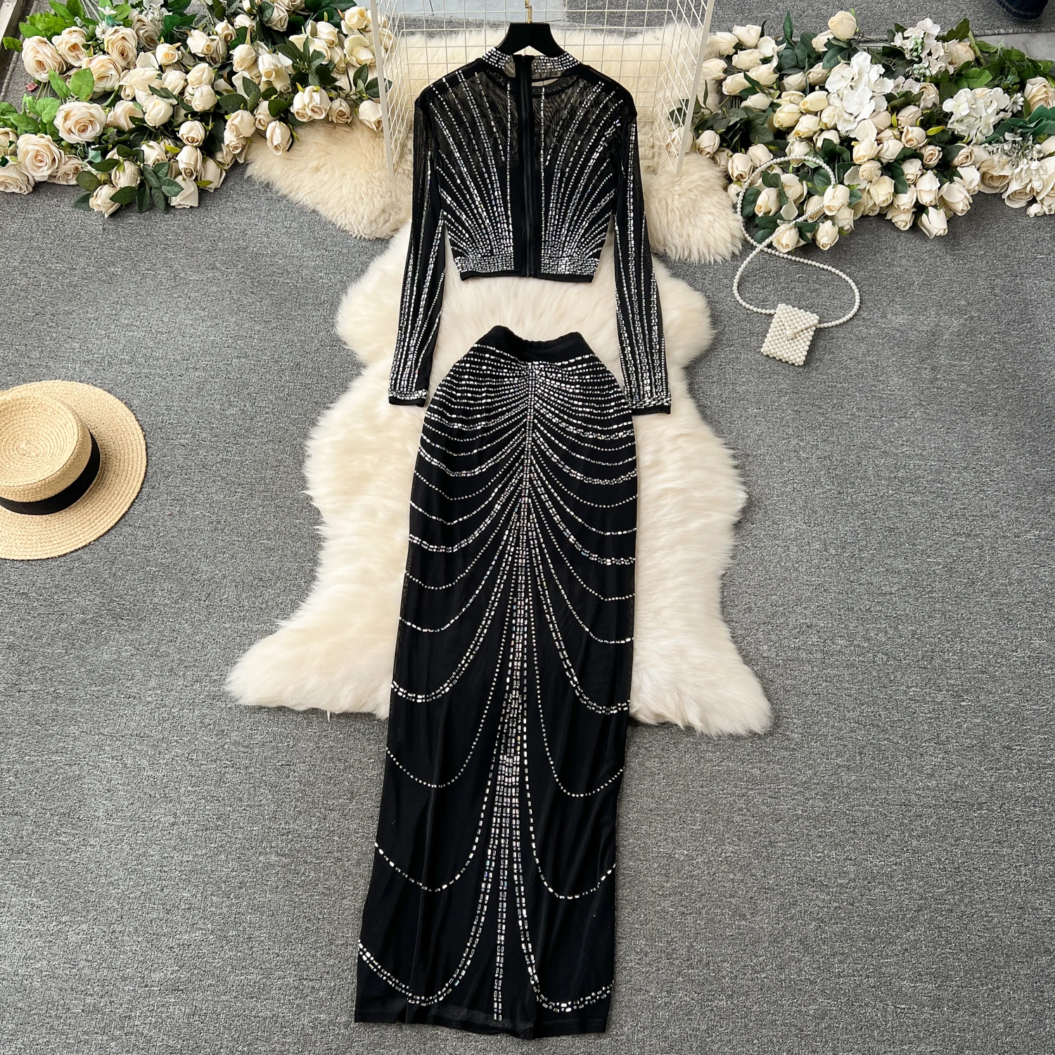 Elegant long sleeve see through mesh Dress Party Club Dress Korean Fashion Women Clothes Two Piece Set