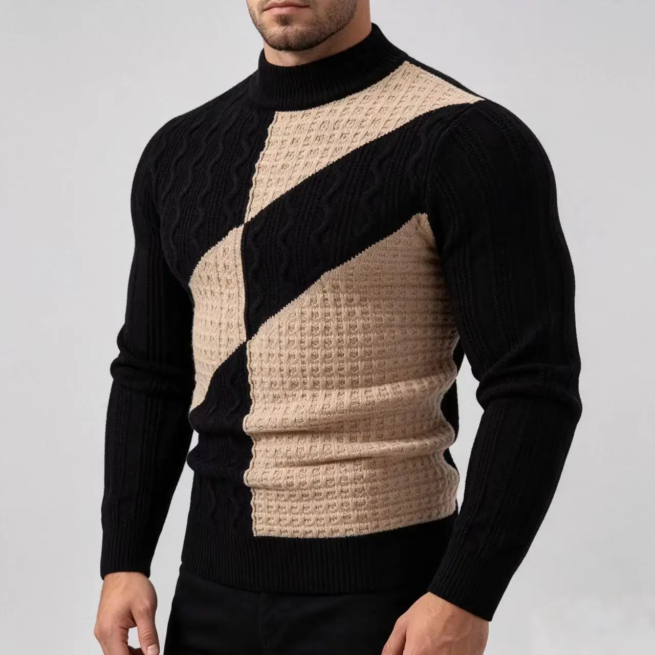 Ugly Sweater Jumpers for Men Pullovers Warm Patchwork Color Knitwear Autumn Winter Half High Collar Long Sleeve Sweater Coats