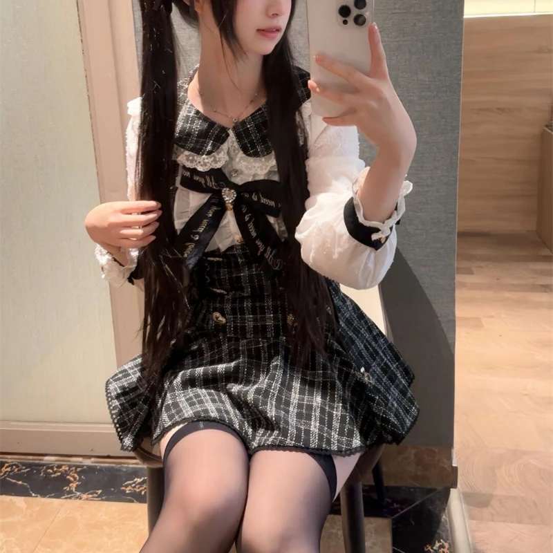 Japanese Gothic Style Rhinestone Bow Dress Shorts Set Women Sweet Long Sleeve Slim Plaid Shirt Dresses Kawaii Lolita Y2k Outfits