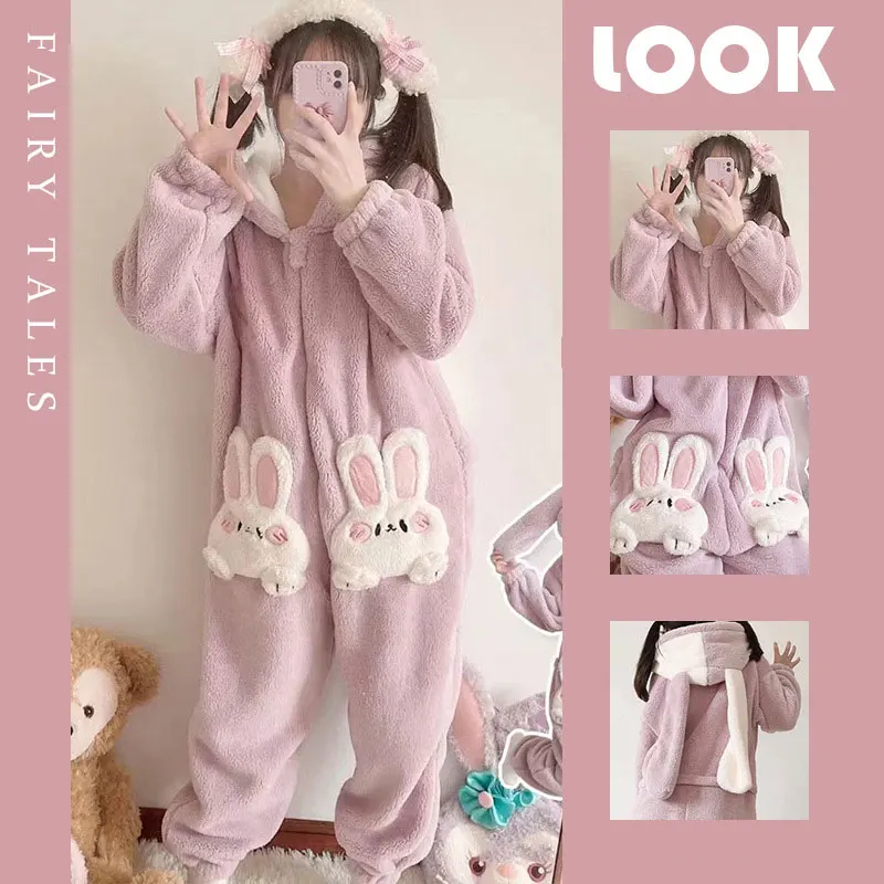 Autumn Winter Women Cute Onesies Pajamas Coral Fleece Warm Cartoon Rabbit Ears Hooded Sleepwear Girls Sweet Home Clothes Pyjamas