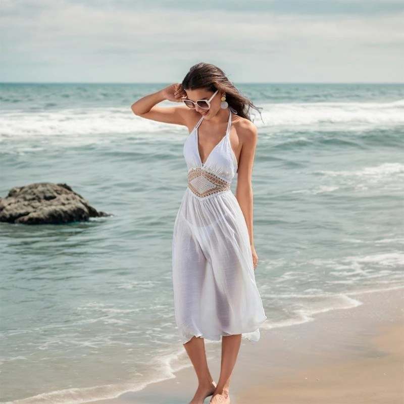 White Adjustable Tie Beach Dress Backless Travel Beachwear for Swimming Pool JOME