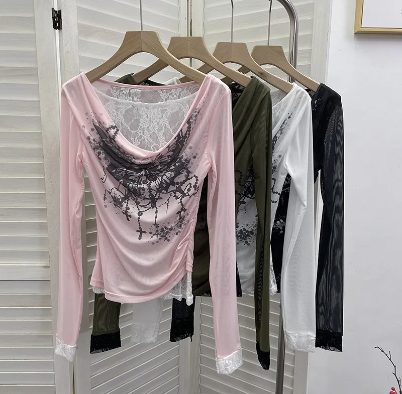 ผู้หญิงสบายๆลูกไม้ Splicing ตาข่ายเสื้อยืดแขนยาว Retro พิมพ์ฮาโลวีนปลอม 2 ชิ้น Swing COLLAR SLIM FIT ด้านในด้านบน 8035