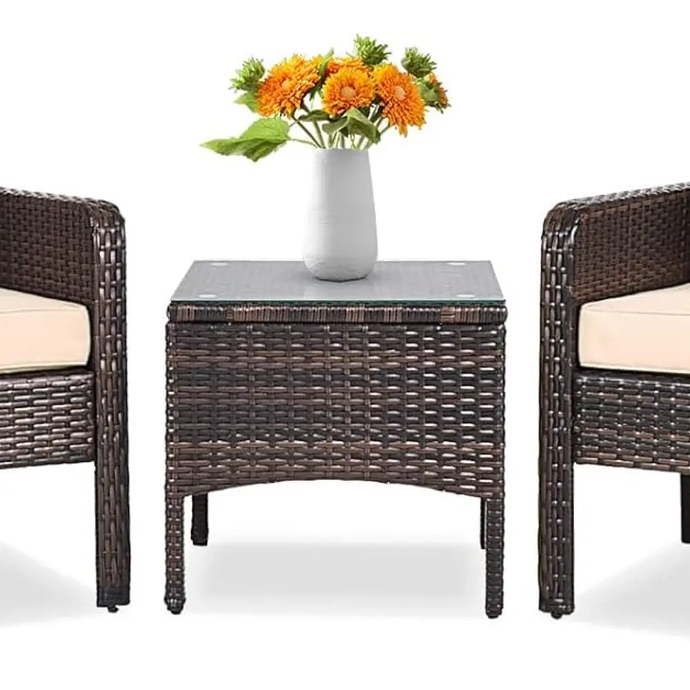 

Brown All-Weather Wicker Patio Furniture Set for 2 with Cushioned Chairs and Glass-Top Coffee Table