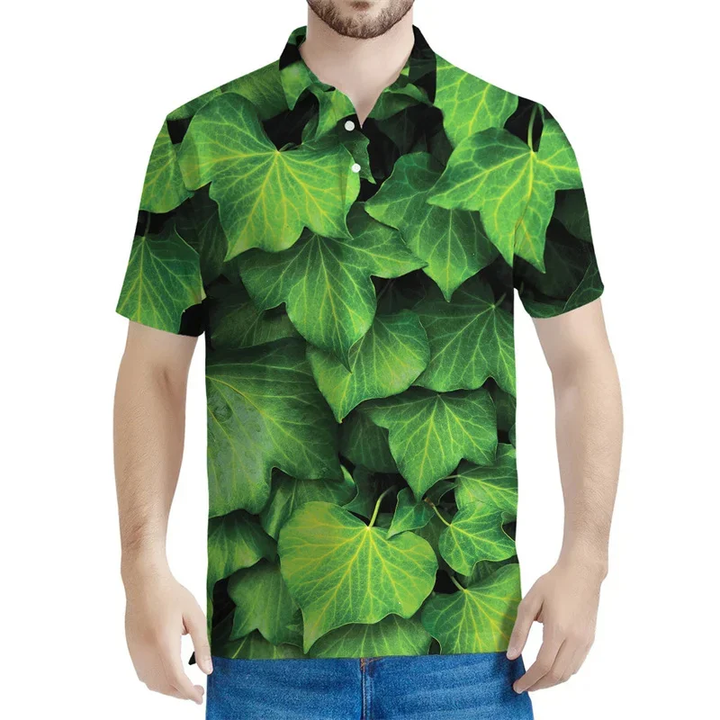 3D Printed Green Plants Polo Shirt For Men Leaf Pattern Tees Fashion Summer Street Short Sleeves Button Tops Casual Lapel Shirts