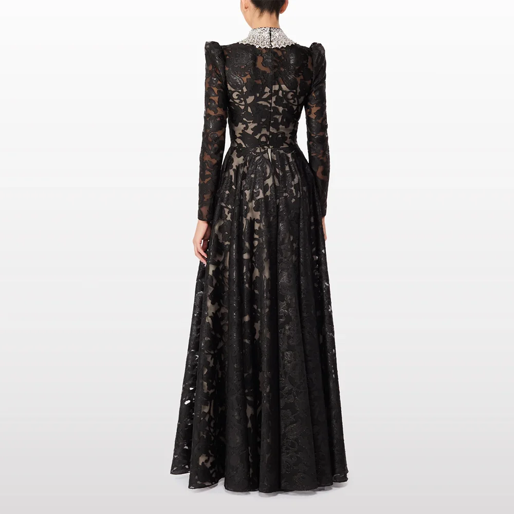 فساتين سهرة فاخرة بياقة عالية وأكمام طويلة خرز كريستالي على شكل حرف a فساتين سهرة بطول الأرض حسب الطلب