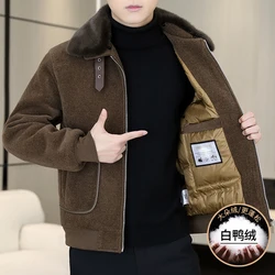 High-Quality Men's Short Woolen Puffer Coats 2024 Winter Detachable Fur Collar Warm White Duck Down Jacket Casual Thicken Parkas