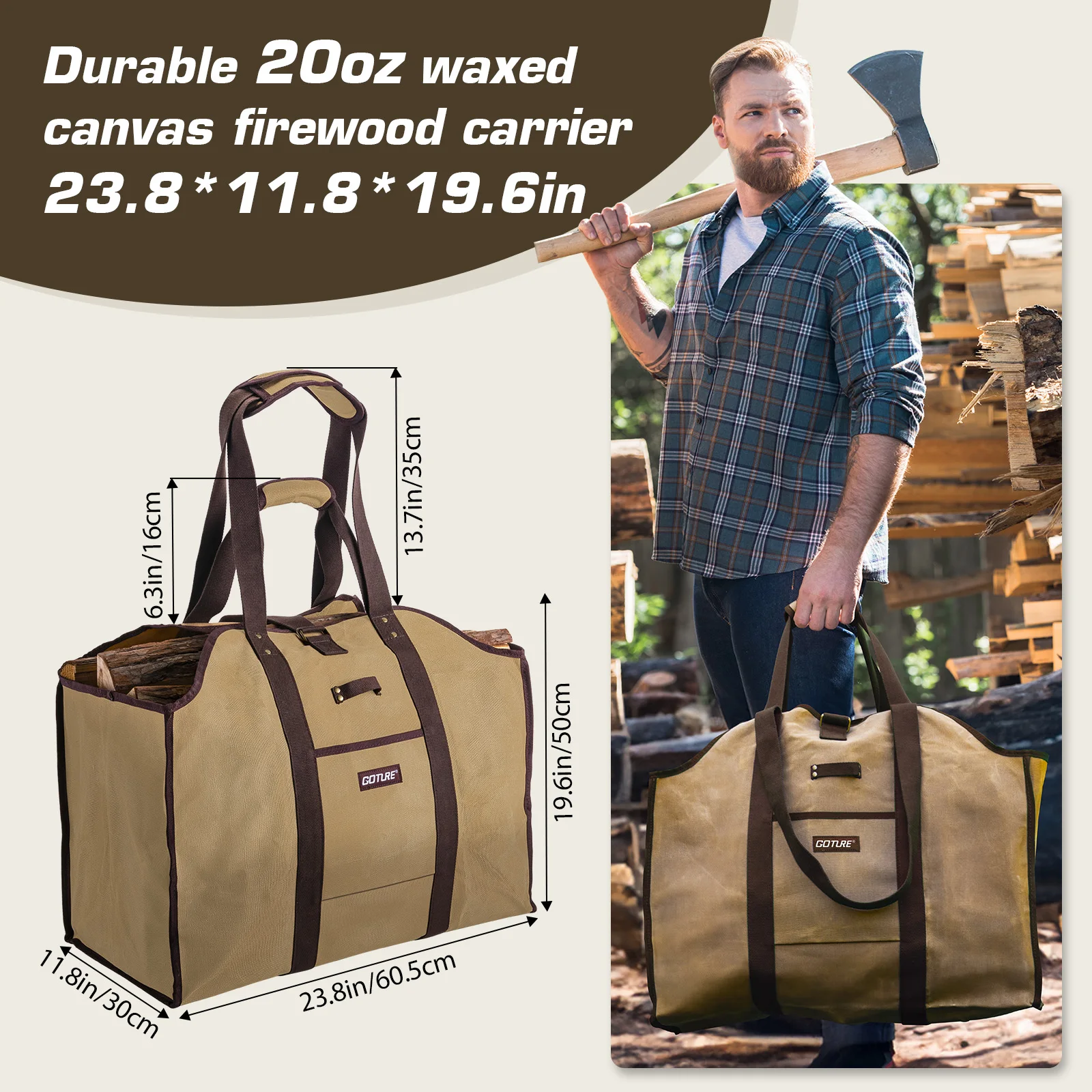 Large Capacity Firewood Carrier Wet Wax Canvas Resistant Firewood Bag Waterproof Wood Stove Heavy Duty Wood Carrying Storage Bag