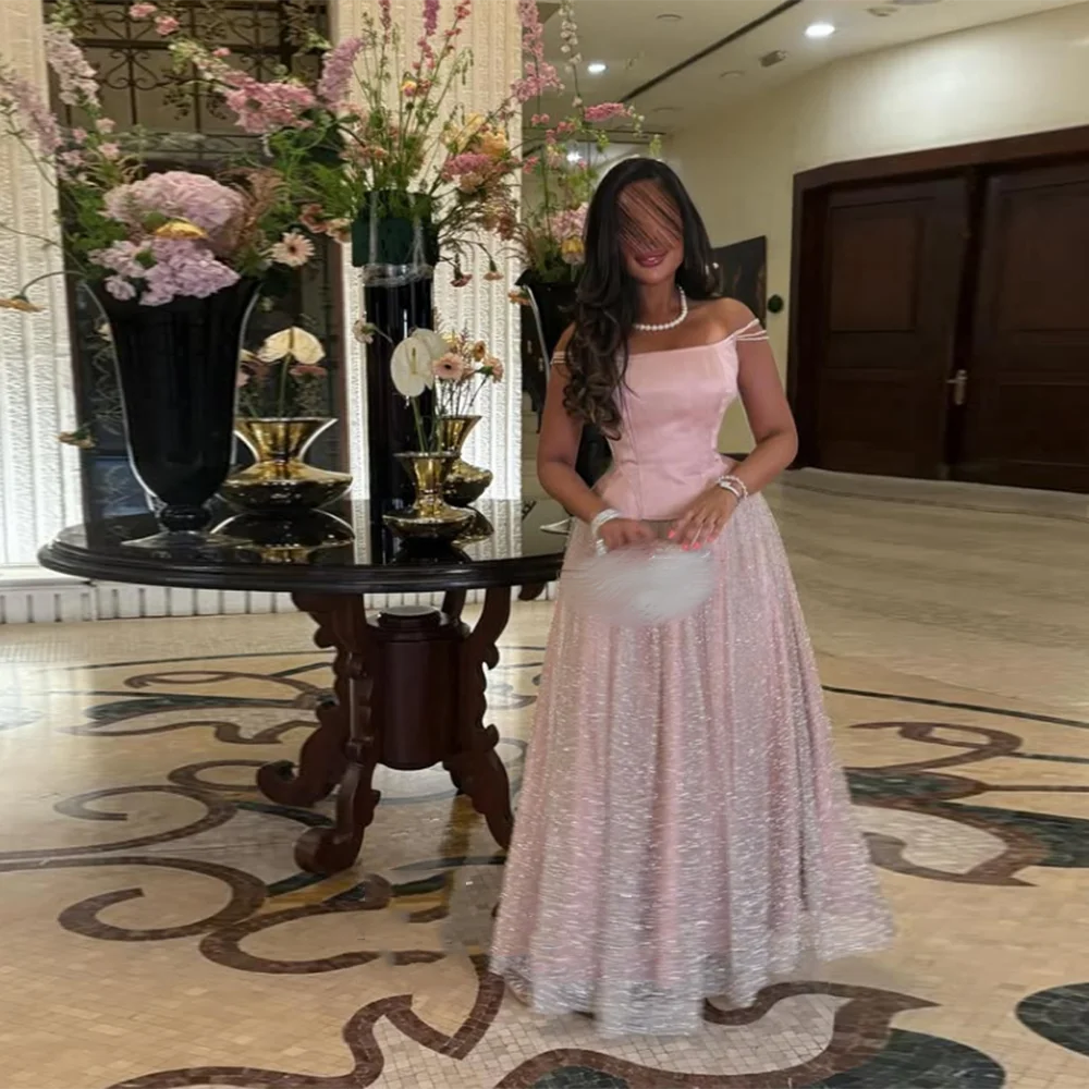 

Customized Boat Neck Prom Gown Simple Glitter Sequined Backless Draped A-Line Evening Dresses Modern Long Birthday party dress
