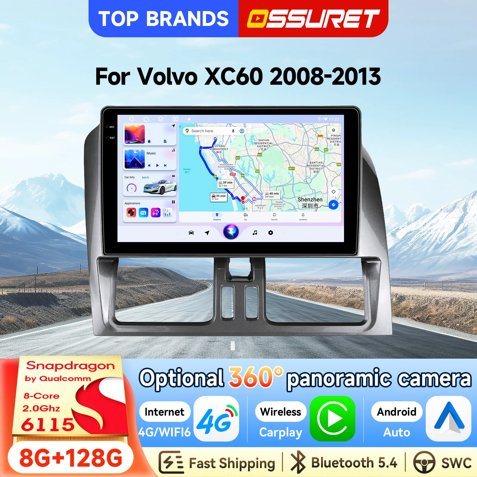 OSSURET 9'' 2 Din Optional 360° °   Kamera Android 15 Autoradio für Volvo XC60 2008-2017 Linkslenker Intelligenter Bildschirm Kabelloses CarPlay Android Auto Multimedia-Videoplayer SWC WiFi 4G