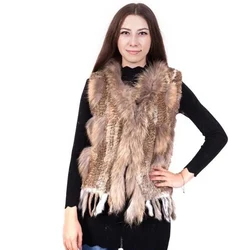 2021 Fashion Real Rabbit Fur Tassel Vest High-end Women Knitted Sleeveless Vests Natural Raccoon Fur Collar Fur Jacket