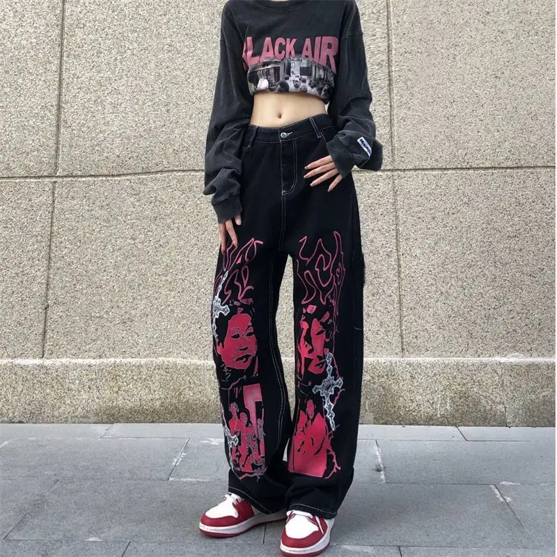 Jeans Printing Hip Hop Y2K Women Black Streetwear Fashion Spring Autumn Oversize Pants Vintage Loose Straight Trousers