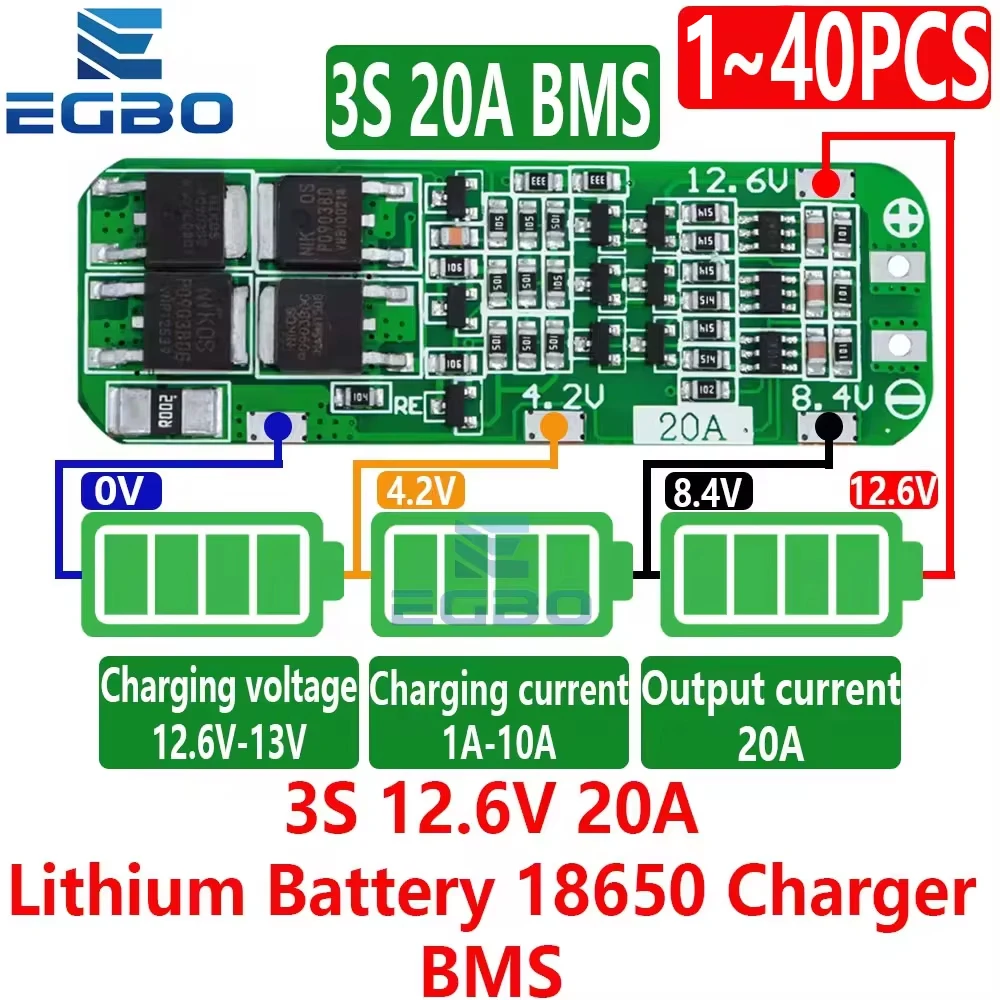 1~40PCS EGBO 3S 20A Li-ion Lithium Battery 18650 Charger PCB BMS Protection Board For Drill Motor 12.6V Lipo Cell Module