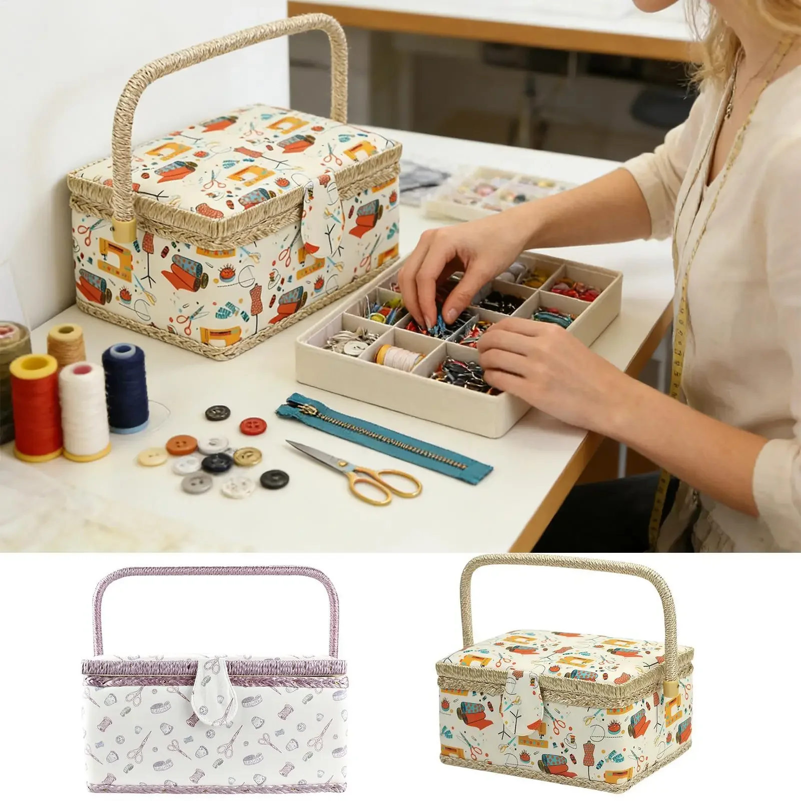 Large Sewing Basket Multi-Compartment with Removable Tray Handle Sewing Portable Organizer Vintage Box for Thread Needles