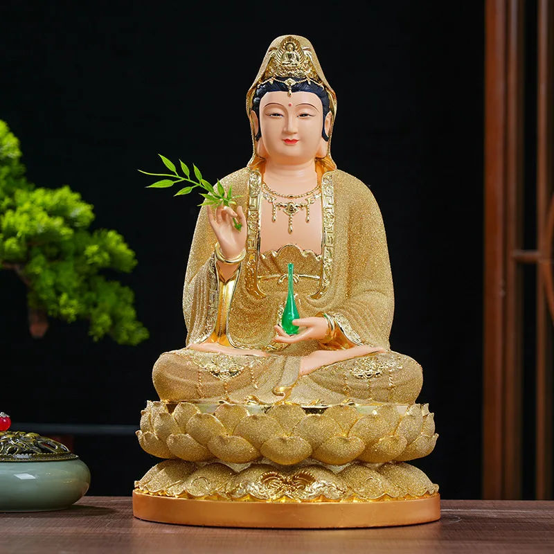 Guanyin Buddha statue for home use, dedicated to Guanyin Bodhisattva statue, resin new sand gold Guanyin ornament
