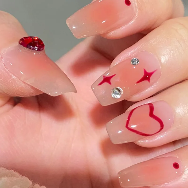 24pcs Sweet Pink Blush Press on Nails Heart Glitter Rhinestone Stick on Nails French Bowknot False Nails Short Square Nail Tips view 4