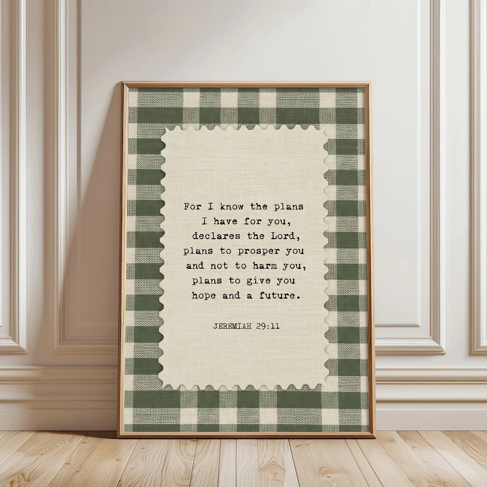 1pc Unframed Jeremiah 29:11 Bible Verse Canvas Green Gingham Christian Quote Wall Art Aesthetic Decor Retro Scripture Painting