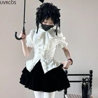 Japanese Victorian Gothic Lolita Puff Sleeves Shirts Y2k Aesthetic Ruffles Bow Slim Blouse Tops Women Vintage Elegant JK Blusas 5
