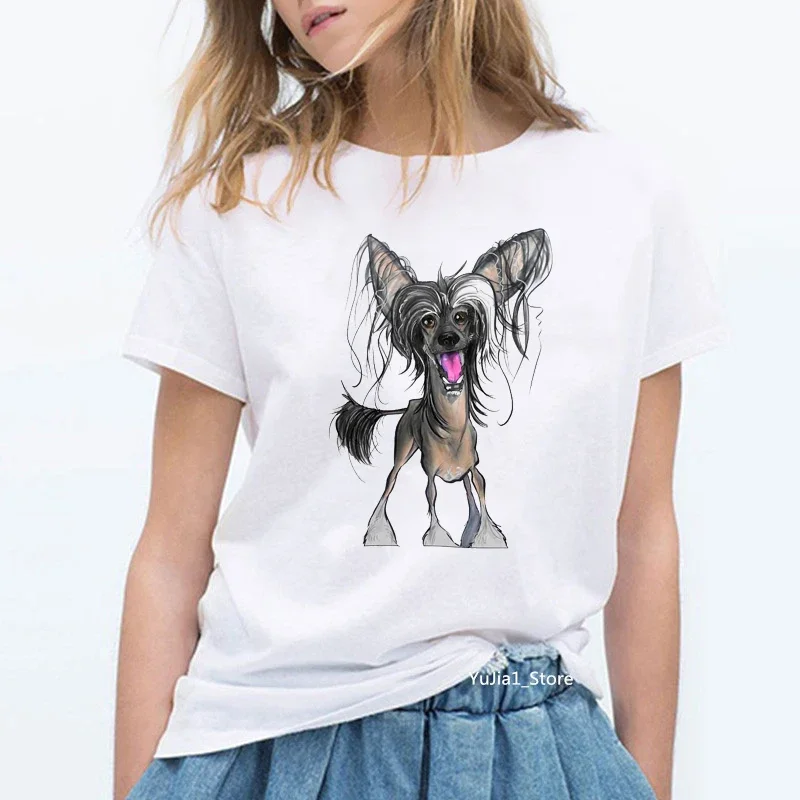 Vintage Chinese Crested Dog Printed T Shirt Women Dog Lover Friends Birthday Gift Tshirt Summer 2024 Women’S Clothes T-Shirt