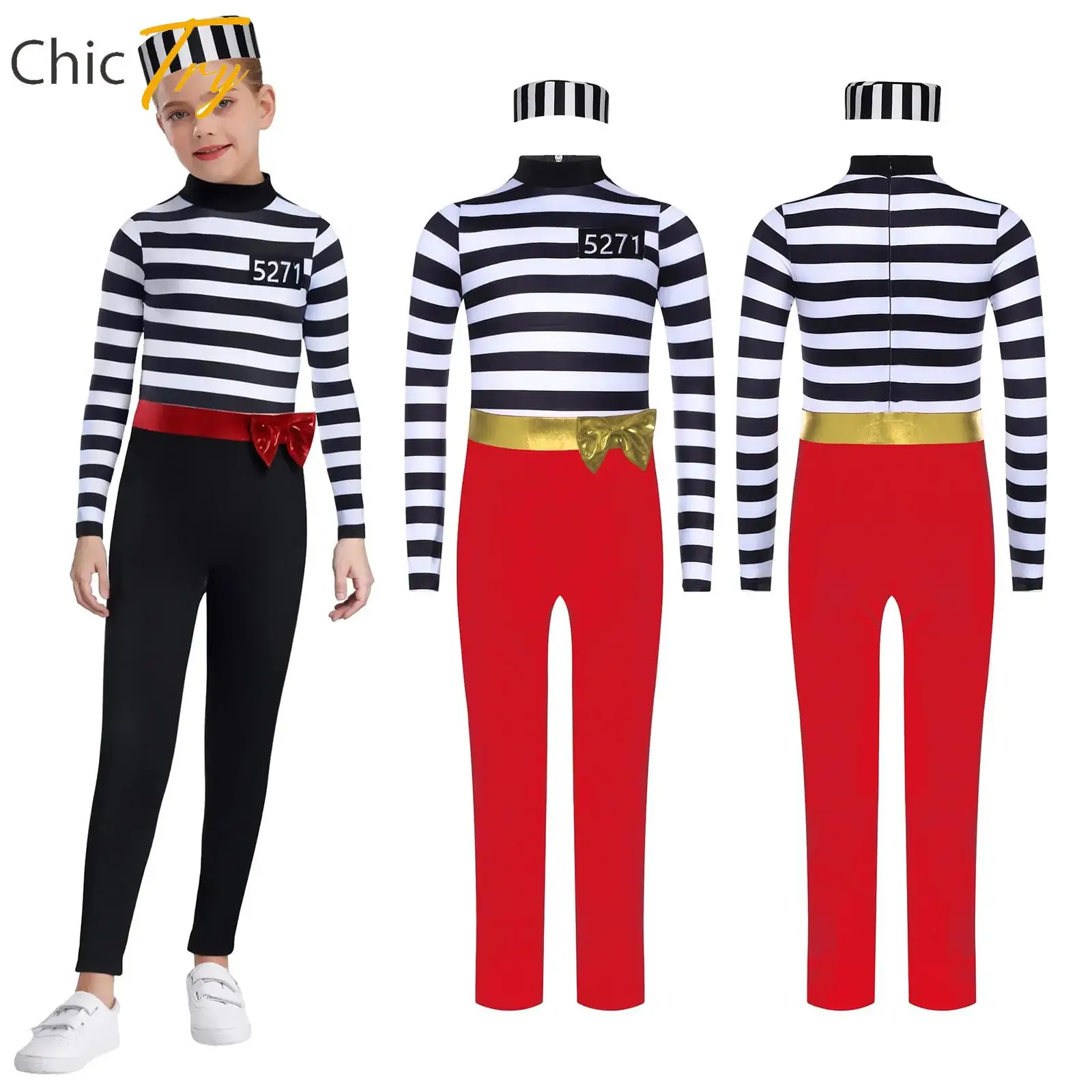 

Girls Halloween Prisoner Cosplay Dress Up Long Sleeve Jumpsuit Prisoner Hat 2Pcs Suit for Festival Party Jailbird Inmate Costume