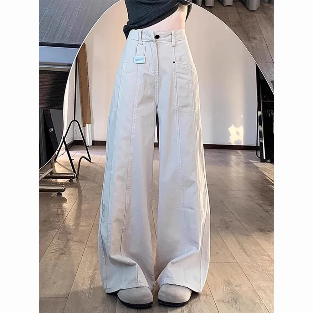 미국 하이 스트리트 스타일 와이드 레그 데님 진 여성용 루즈핏 하이웨이스트 슬림 스트레이트 롱 팬츠 가을 디자인