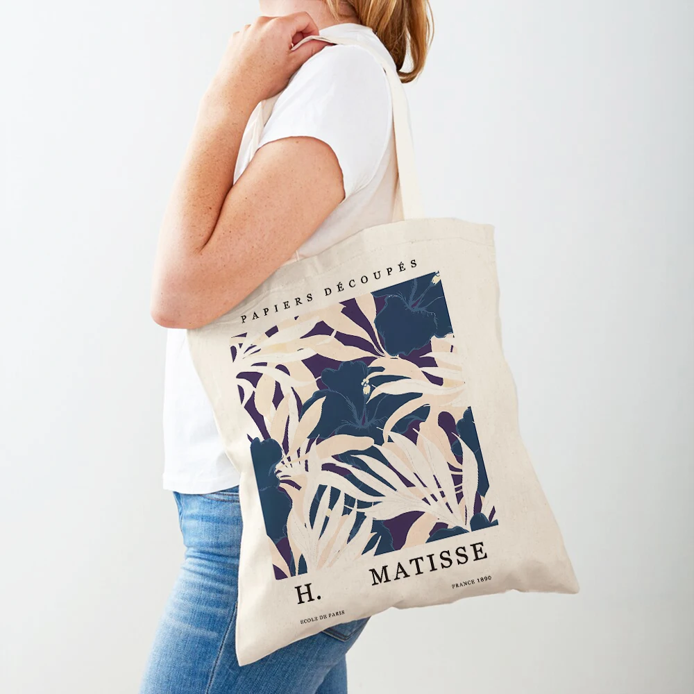 

Vintage Abstract Matisse Leaves Flowers Lady Tote Handbag Both Sided Canvas Shopping Bag Double Print Supermarket Shopper Bags