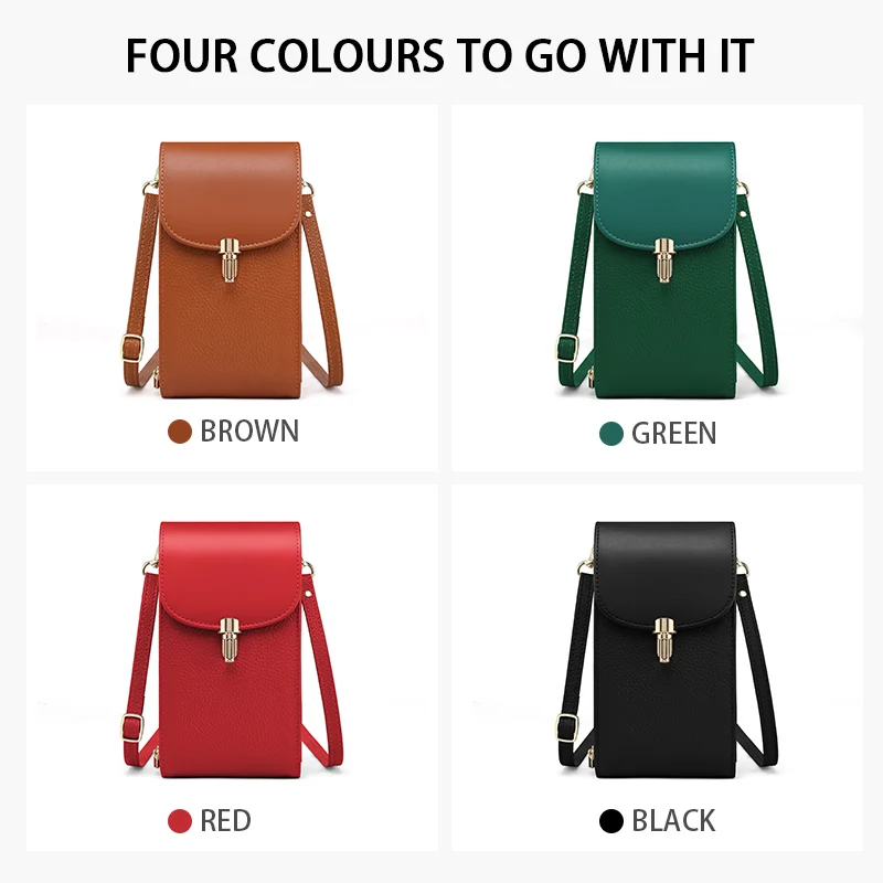 

Women Real Cowhide Litchi Texture Phone Shoulder Bag Multi Card Slots ID Window Zipper Pocket Crossbody Purse