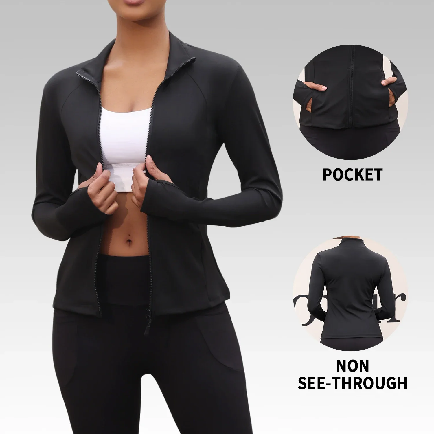Damen-Workout-Yoga-Jacke mit durchgehendem Reißverschluss und Daumenlöchern, perfekt zum Laufen, Wandern und mehr