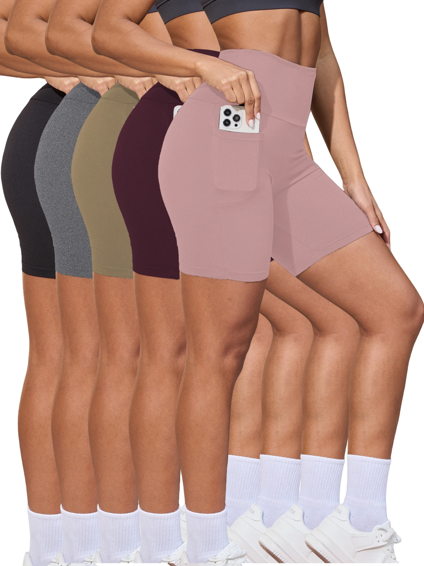 

5 Pack High Waisted Biker For Women With Pockets Tummy Control No See Through Workout Running Yoga Push Up Gym Fitness Shorts