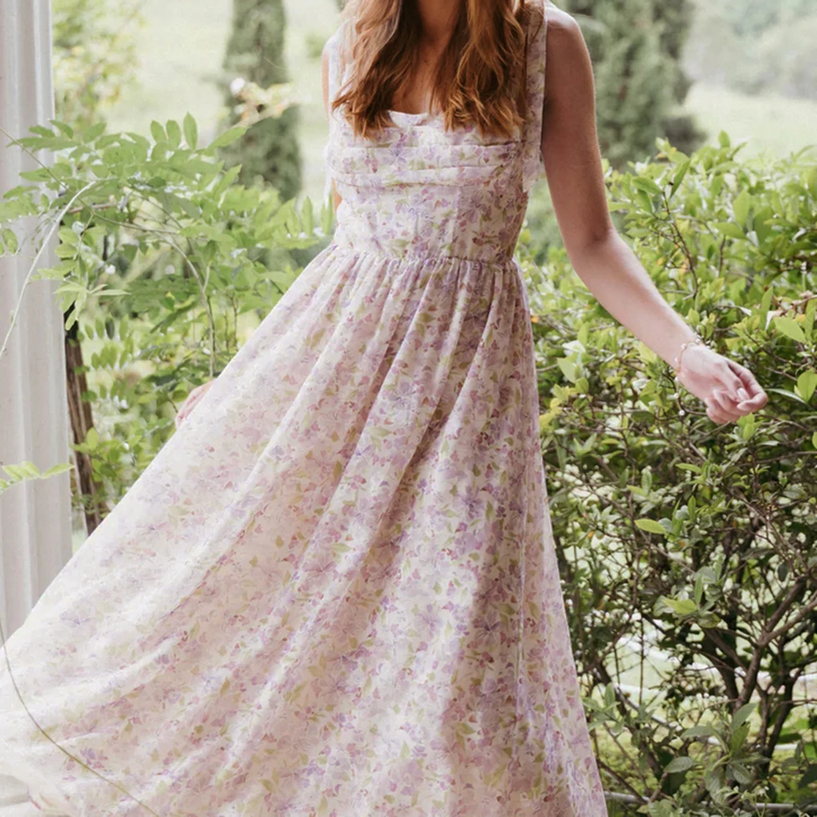 Abito lungo da donna con stampa floreale, cinghie allacciate, abito Cami, abito casual senza maniche alla moda estiva